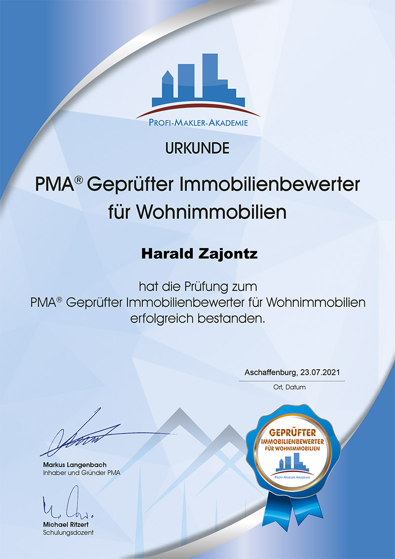 PMA Geprüfter Immobilienbewerter für Wohnimmobilien – Urkunde Harald Zajontz